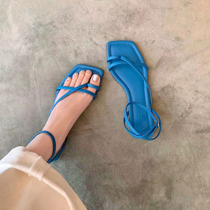 真皮方头细带套趾平底凉鞋女夏外穿蓝色法式交叉带夹趾罗马沙滩鞋