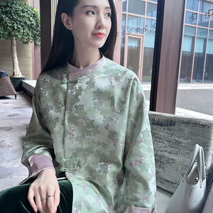 许北亭原创设计秋季新中式中国风复古通勤女宽松长袖提花莹绿外套