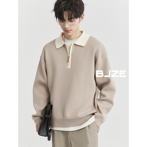 BJZE男装24春季新款高级感撞色翻领针织衫韩版宽松半拉链毛衣外套