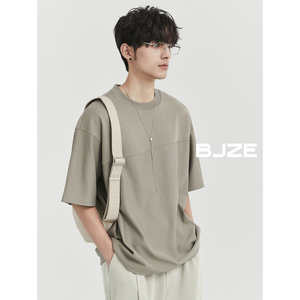 BJZE男装24夏季新款 圆领设计感短袖t恤韩版宽松五分半袖打底体恤