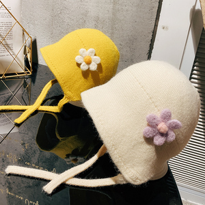 日本单童帽定制女巫绑带斗篷毛线帽花朵甜美女童冬保暖护耳羊绒帽