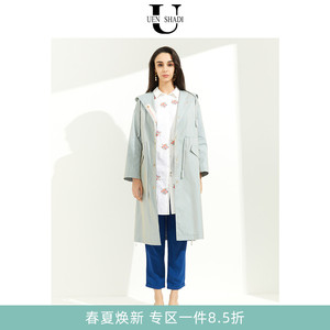 uenshadi\温莎蒂春季新款品牌女装时尚蓝色宽松连帽中长风衣