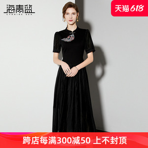 海青蓝新中式国风刺绣连衣裙女2024夏季新款黑色显瘦设计感中长裙