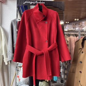 新年红色双面羊绒大衣女短款秋冬新款系带修身显瘦立领羊毛呢外套