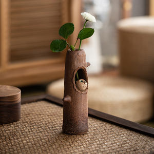 日本制进口手工信楽烧日式猫头鹰树桩花瓶粗陶小花器家居摆件笔筒
