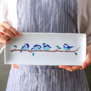 日本原装进口陶瓷九谷烧山雀小鸟精致长方形鱼盘子寿司盘日式餐具