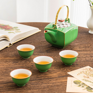 日本进口藏珍窑萌葱描金绿釉手工陶瓷茶壶茶杯茶具套装功夫茶具