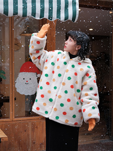 【限时5折】阿美商店彩色波点羊羔绒夹棉外套可爱毛绒棉衣女冬季