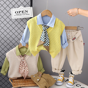 儿童装秋装洋气宝宝衬衫长袖三件套婴儿韩版男童休闲衣服小童套装