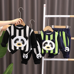 儿童竖条卡通熊猫两件套秋季新款男童韩版纯棉套装小童装宝宝衣服
