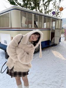 RUKA原创设计兔耳毛绒针织米白色大衣可爱外套女甜美冬季毛茸茸