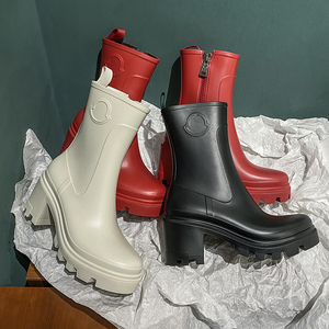 网红雨靴女2023新款时尚款防滑防水方头中筒厚底侧拉链粗跟水鞋子