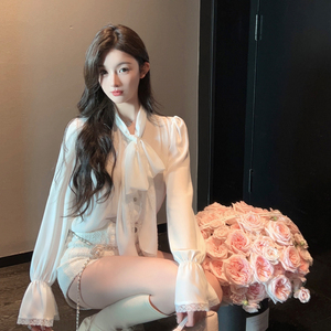 FairyJiang春季法式喇叭袖白色衬衫女气质蝴蝶结系带衬衣长袖上衣