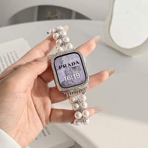 适用S9苹果手表S8表带小香风珍珠applewatch高级感链条iwatch7/6/5/4/3/SE2金属带钻夏天女款