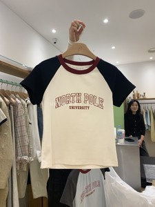韩国东大门代购2024春新女BELIEVE MOMENT拼接撞色圆领小个子T恤