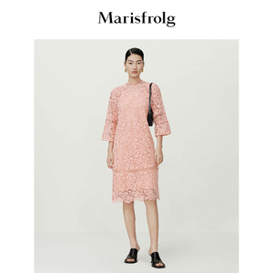 【重工蕾丝】玛丝菲尔2024春季新款粉色气质七分袖蕾丝连衣裙女