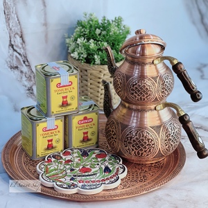 土耳其进口手工雕花子母壶托盘铜质奥斯曼图腾茶壶套装喝茶托盘