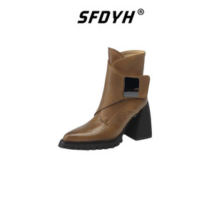SFDYH尖头粗跟马丁靴女真皮防水台厚底短靴短筒欧美高跟时装靴