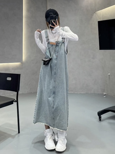 韩版高腰减龄牛仔背带裤女2024夏季新款修身显瘦时尚吊带连体裙子
