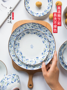 日本进口蓝芽网红釉下彩盘子日式餐具创意家用菜盘餐盘碟饭碗鱼盘