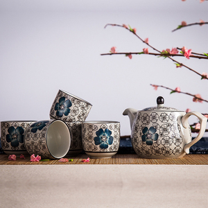 日式泡茶壶整套和风简约釉下手绘陶瓷带滤家用复古茶壶套装茶具