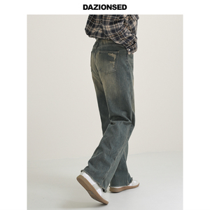 DAZO 复古怀旧蓝毛边牛仔裤男士直筒宽松拖地长裤美式潮牌裤子