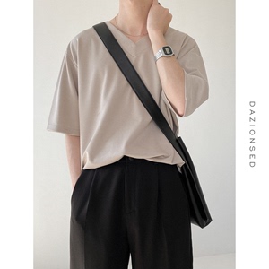 DAZO 夏季韩风V领短袖T恤男质感高级宽松纯色百搭潮流中袖上衣