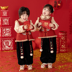 男童女宝汉服棉服中国古风改良两件套装周岁加绒厚冬过年新年拜年