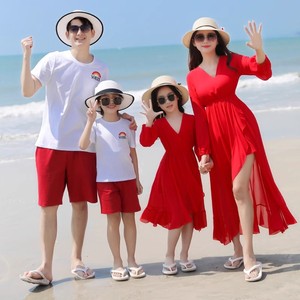 泰国云南泼水节旅游长裙情侣装三亚度假拍照红色沙滩裙男短袖套装