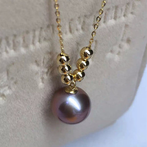 天然珍珠项链 紫色正圆极强光 18k金珠锁骨链吊坠  包邮