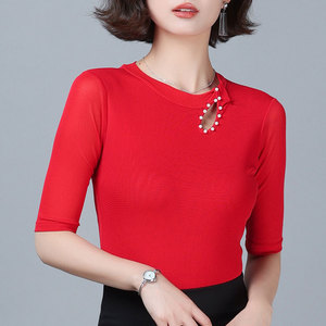大红色网纱t恤女中袖上衣2023夏新款小圆领纱衣五分袖蕾丝打底衫
