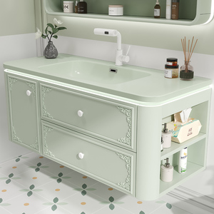 北欧轻奢橡木浴室柜陶瓷一体盆绿色卫浴柜洗漱台洗手洗脸盆柜组合