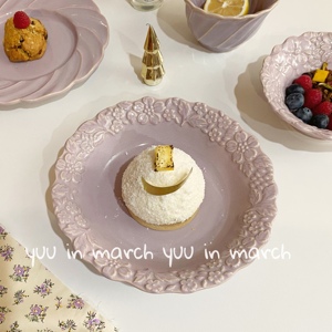 法式紫色花朵浮雕陶瓷釉下彩西餐汤碗甜品盘北欧复古早餐盘子饭碗