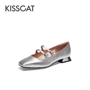 KISSCAT接吻猫2023春季新款方头低跟双扣玛丽珍女单鞋KA53102-10