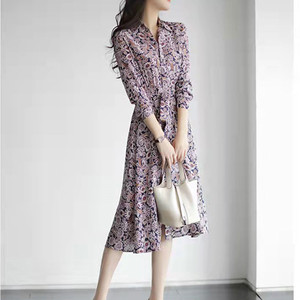 专柜正品衣依阿玛施2023春夏紫色法式印花长袖腰带连衣裙1500326