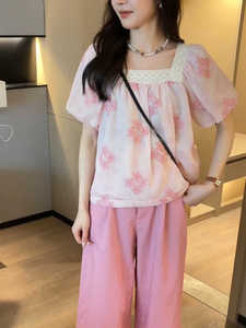 韩版甜美刺绣蕾丝花边泡泡袖方领衬衫女夏季新款气质印花显瘦衬衣