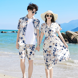 情侣装夏装2024新款东南亚三亚旅游穿搭衬衫男度假海边沙滩裙套装