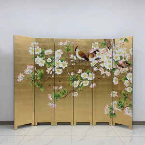 新中式金箔彩绘海棠花屏风餐厅卧室折叠落地屏风手绘漆画木质屏面