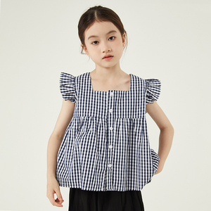 韩国童装女童森系格子无袖衬衫上衣2024夏季新款儿童小飞袖娃娃衫