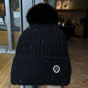 韩版秋冬亮片带钻字母针织帽女加厚保暖毛球毛线帽护耳冷帽加绒帽