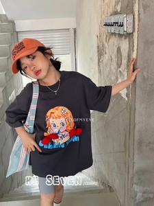 波拉韩国童装23夏季男女童米灰色卡通娃娃短袖T恤潮特价促销