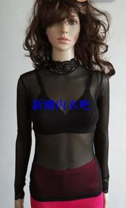 新款韩版长袖纱网时尚修身T恤 高领女士半透明蕾丝花边网衫打底衫