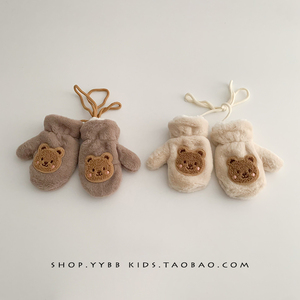 ins韩版儿童手套可爱小熊男女宝宝冬季加绒加厚保暖挂脖全包连指