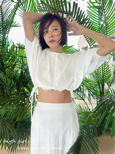 Mas1986韩国2023夏 小众设计 A字廓形抽绳圆领五分袖短款露脐衬衫