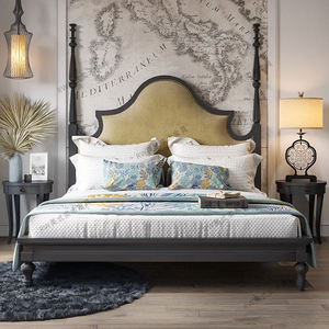 美式复古床实木双人床1.8米主卧室大床法式中古1.5橡木丝绒布艺床