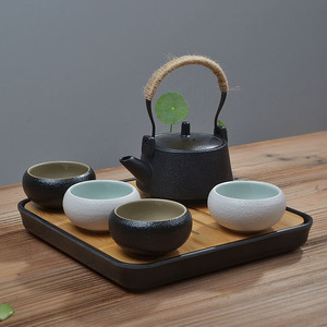 家用功夫茶具套装简约一壶两杯黑陶提梁茶壶茶杯蓄水陶瓷茶盘礼盒