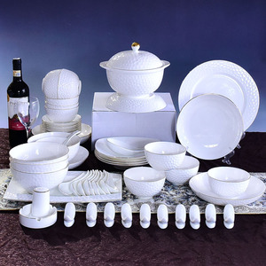 骨瓷56头餐具套装  金边陶瓷浮雕水立方碗盘碟勺酒店商务礼品