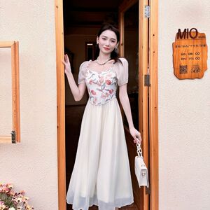 大码女装新中式中国风方领雪纺连衣裙女春夏裙子胖MM显瘦遮肚长裙