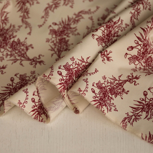 意大利进口薄款复古暗红米色莫里斯花纹细腻高支纯棉府绸布料面料