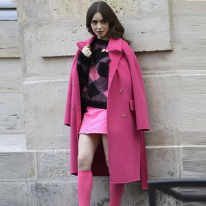 艾米丽在巴黎emily同款衣服玫红色双面羊毛呢中长款大衣20冬新款
